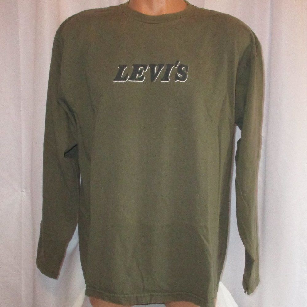 Vintage LEVI Graphic Word Long Sleeve Cotton Tee XL Green Sleeve Hit